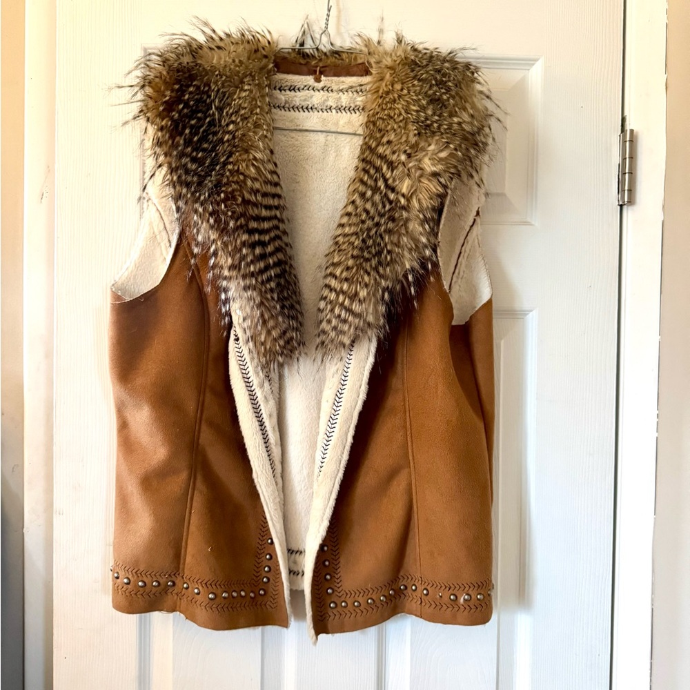 Women's Tan Faux Suede and Faux Fur Trim Vest